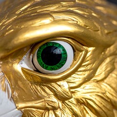 Close-up of a golden avian sculpture's green eye, showing texture, form, and light reflecting on the surface