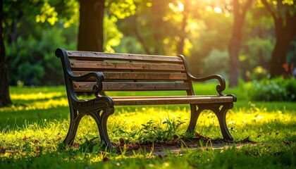Serene Park Bench in Green Landscape.