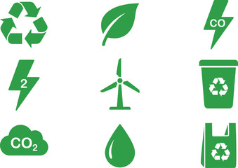 Green eco sustainability icons set, recycling symbols, renewable energy, CO2 reduction, wind power, clean environment, minimal flat vector design
