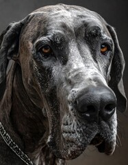 Close-up of a gray, brindle Great Dane with amber eyes, highlighting its noble face against a dark backdrop