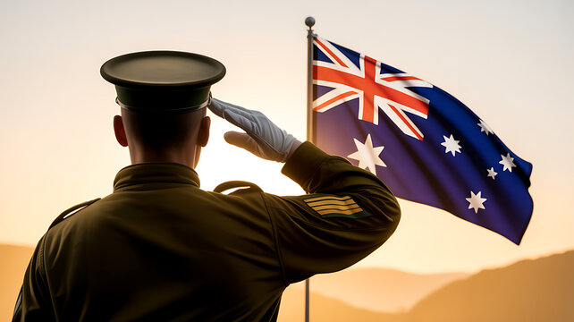 Silhouette of a soldier in uniform and cap saluting the australian flag waving proudly against a warm golden sunset sky with soft focus hills in the background