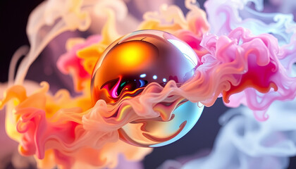 Liquid metallic sphere dissolving into colorful smoke in zero gravity, hyper-realistic textures, 8K abstract background 2
