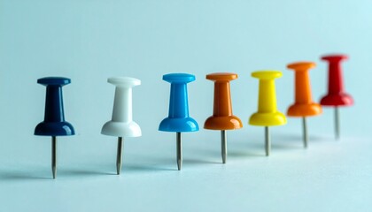 "Show a row of ten colorful push pins&mdash;red, yellow, blue, green, gray&mdash;upright on white surface, evenly spaced."