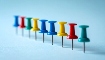 "Show a row of ten colorful push pins&mdash;red, yellow, blue, green, gray&mdash;upright on white surface, evenly spaced."