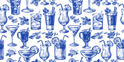 Hand drawn sketch seamless pattern of alcoholic cocktails. Vector isolated illustration