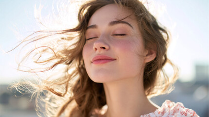 Young woman fresh glowing face relaxed expression outdoors sunlight natural beauty serene