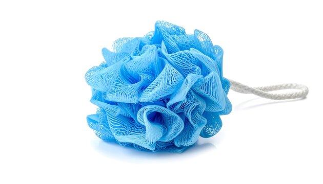 A close-up studio shot showcases a textured, light blue bath sponge with a hanging rope against a clean white backdrop