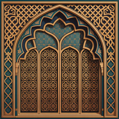 Ornate Islamic window design with geometric patterns in teal and gold.