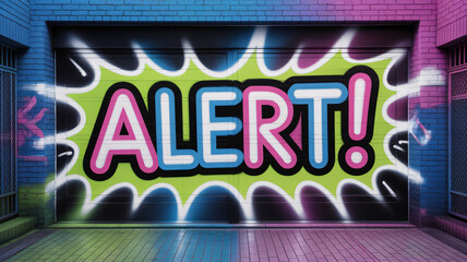 Vibrant urban graffiti art on garage door featuring colorful "ALERT!" text warning sign