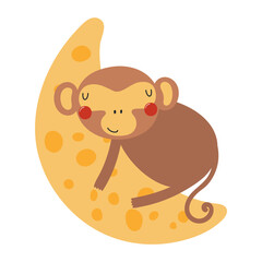 Cute baby monkey sleeping on the moon, isolated on transparent. Hand drawn flat vector illustration. Kawaii cartoon character. Kids fashion, textile print, poster, card, wall art, baby shower invite © Maria Skrigan