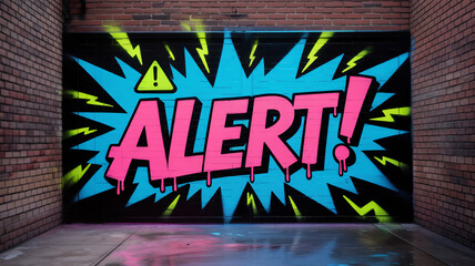 Urban graffiti street art on brick wall featuring "ALERT!" text with paint drips alert, graffiti,