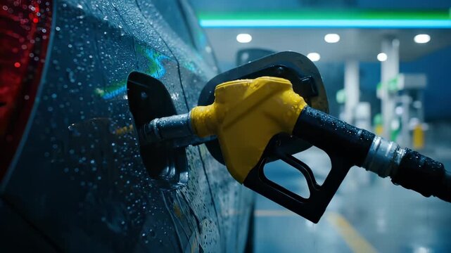 Hand inserts fuel nozzle into car at gas station in rain. Refueling car with gasoline at petrol pump. Yellow nozzle fills car tank. Gas station refueling at rainy night. Fuel pump and wet car.