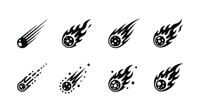 A set of black and white illustrations of flames and speed icons