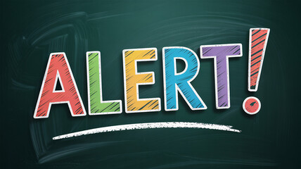 Colorful chalk handwriting on green school blackboard spelling "ALERT!" text with exclamation