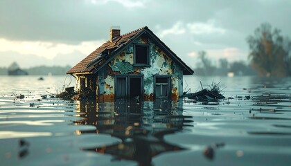 Flooded House in Cloudy Landscape.