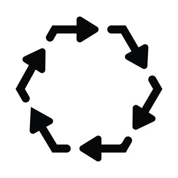Minimal black vector icon featuring four directional arrows forming a hexogen loop, symbolizing rotation, cycle, process flow, synchronization, and continuous movement.