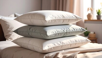 Obraz premium A close-up shows three stacked, square pillows in varying shades of white and gray, set on a bed. Natural light from a window illuminates the scene