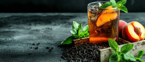 Refreshing Peach Iced Tea with Fresh Mint, Loose Leaves and Peaches on Dark Background