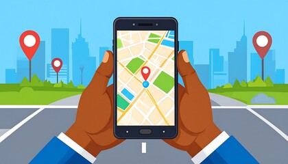 Hands holding smartphone with GPS navigation map.