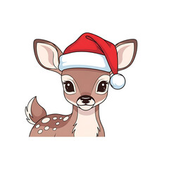 Cartoon deer wearing Santa hat with red and white colors  