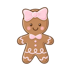 Gingerbread cookie girl with pink bow and decorative icing details  