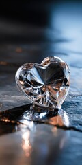 Faceted Crystal Heart Gemstone on Reflective Surface
