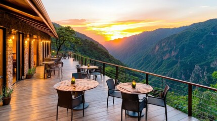 Luxury Mountain Resort Terrace with Panoramic Sunset View