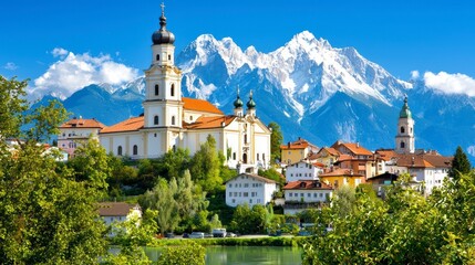 Picturesque Alpine Village with Historic Church, Lake, and Majestic Snow-Capped Mountains
