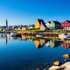 Vibrant Fogo Island Fishing Village with Colorful Houses Reflected in Calm Harbor Water, Newfoundland, Canada