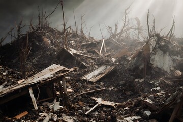 A pile of rubble with sunbeams shining through the clouds