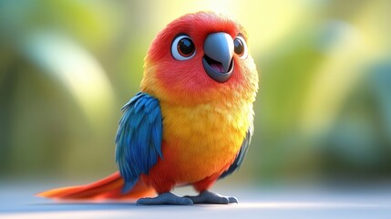 A vibrant, cartoon‑styled red parrot with bright blue wings and large expressive eyes stands perched, showcasing a playful and colorful personality.