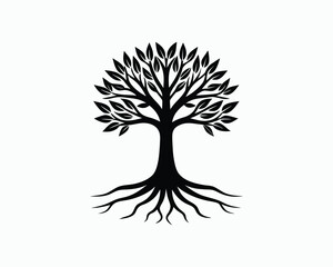 Black silhouette of a stylized tree with abundant leaves and visible roots on a white background vector