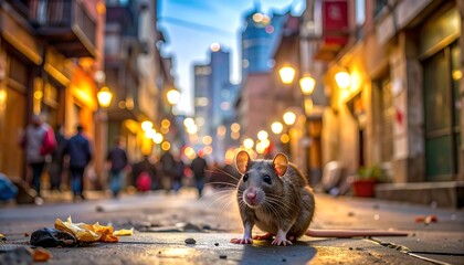 Urban Rat on City Street at Night.