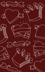 White Line pattern with crowns, hearts and ribbons on red background. February decoration valentine 