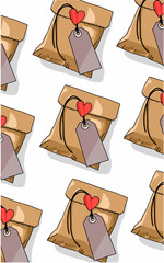 Brown paper envelope gift with heart tag decoration and string pattern isolated on white 