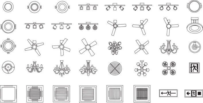 Architectural lighting and interior design icons, depicting various types of ceiling fixtures. Including spotlights, ceiling fans, chandeliers, and more.