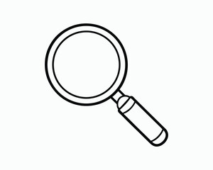 Simple black outline drawing of a magnifying glass on white background lens search