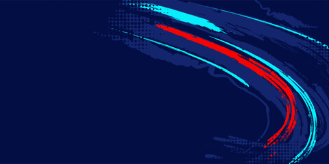 Dark blue abstract background featuring expressive red and cyan paint brush strokes with halftone dot textures and a street-style aesthetic