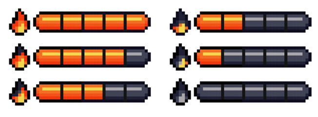 Pixel art style retro game life bar with fire indicator isolated on transparent background. Collection of 8-bit retro health UI for video game assets. Vector illustration.