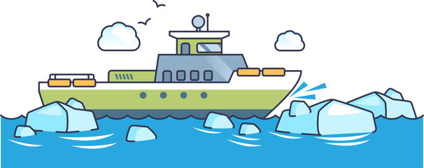 Stylized icebreaker ship navigating frozen arctic waters, breaking ice blocks. Symbolizes resilience, overcoming obstacles, and polar exploration in harsh maritime environments. © VectorMine