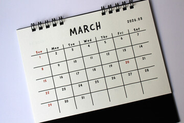 Monthly calendar template for the new year 2026 ,March,desk calendar,isolated on white background.
