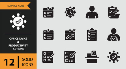 Office tasks and productivity actions: a collection of 12 solid vector icons