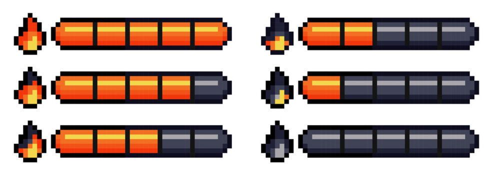 Pixel art style retro game life bar with fire indicator isolated on transparent background. Collection of 8-bit retro health UI for video game assets. Vector illustration.