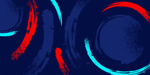 Dark blue abstract background featuring expressive red and cyan paint brush strokes with halftone dot textures and a street-style aesthetic