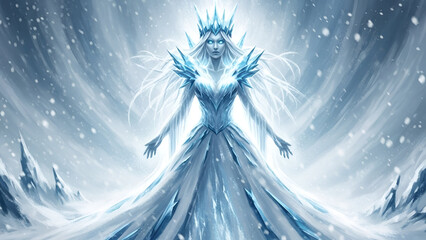 Majestic ice queen with shimmering crown in a winter wonderland painting illustration