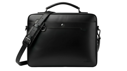 Sleek, black leather briefcase with a shoulder strap, handle, and silver hardware