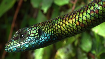 Obraz premium Intricate textured scales of a vibrant chameleon's flank displaying a stunning mosaic of green, blue, and yellow colors in a natural setting
