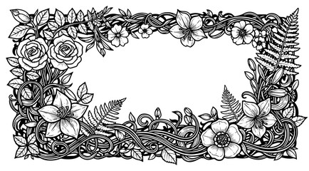 Intricate floral black and white decorative frame illustration
