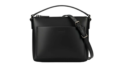 Black leather crossbody bag with top handle, front pocket, and adjustable shoulder strap
