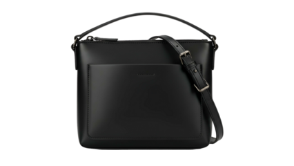 Black leather crossbody bag with top handle, front pocket, and adjustable shoulder strap
